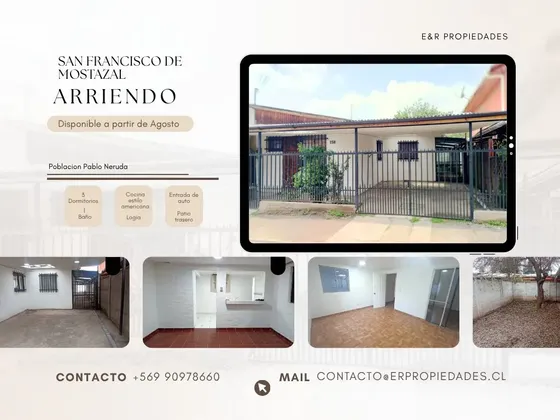 Arriendo Casa De Un Piso, Pobl. Pablo Neruda, Mostazal