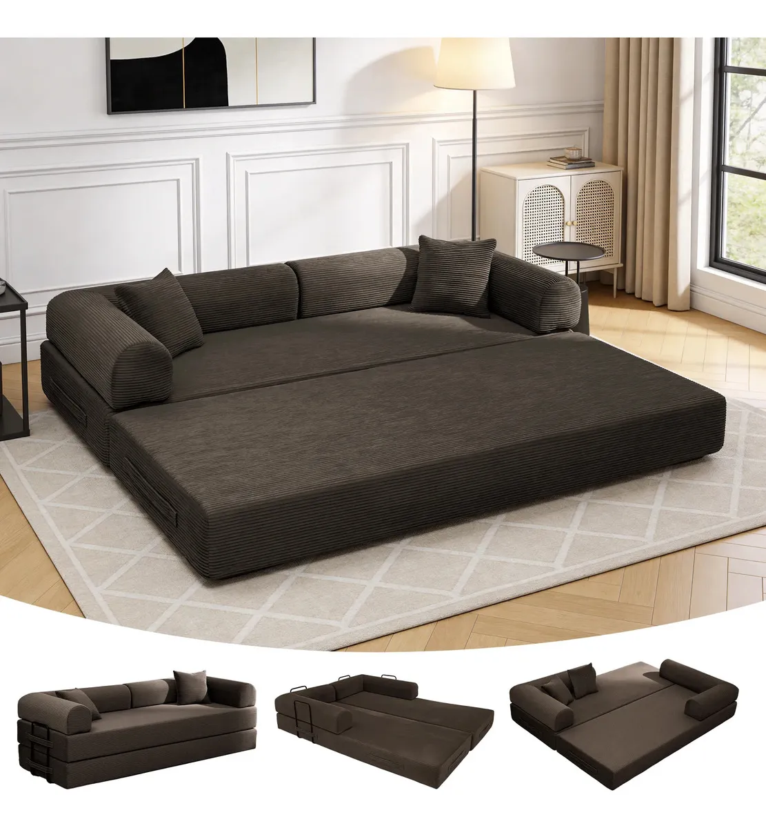 Sofá Cama Modular para 3 Pessoas, Veludo Cotelê e Cama Auxiliar, Marrom