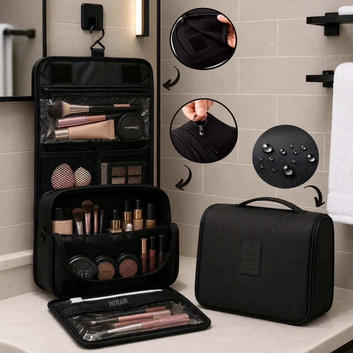 Necessaire Gancho Bolsa Dobrável Organizadora Viagem Necessaire Unissex Dobravel Higiene Mala Com Divisórias Cabide Impervemeal Feminina Masculina De Pendurar Porta Maquiagem Cor Preto - Marca Miran