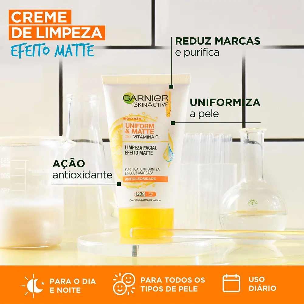 Destaques dos benefícios do creme de limpeza Garnier como redução de marcas, ação antioxidante e uso diário para todos os tipos de pele.