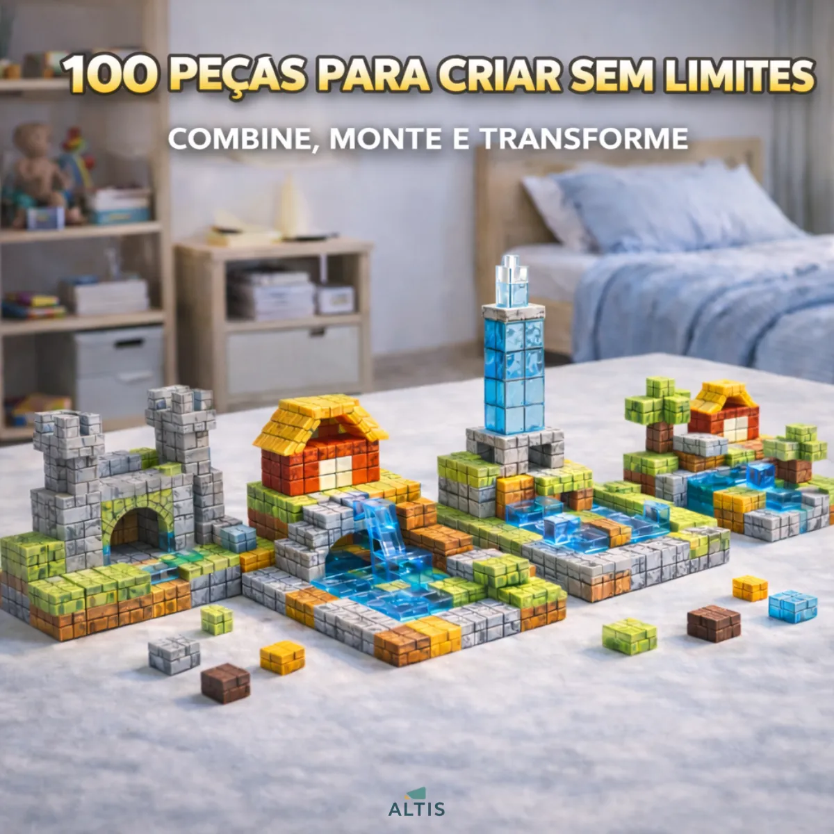 Vista aérea de três estruturas de blocos magnéticos (castelo, casa com cachoeira, torre) em uma superfície branca, com texto '100 PEÇAS PARA CRIAR SEM LIMITES'.