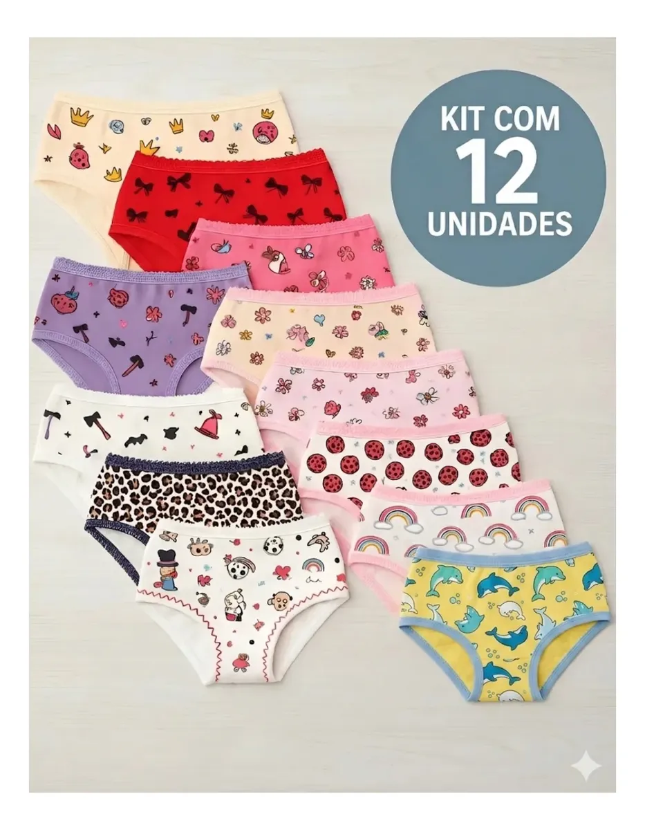 Kit 12 Calcinhas Infantis Antialérgicas de Algodão Premium
