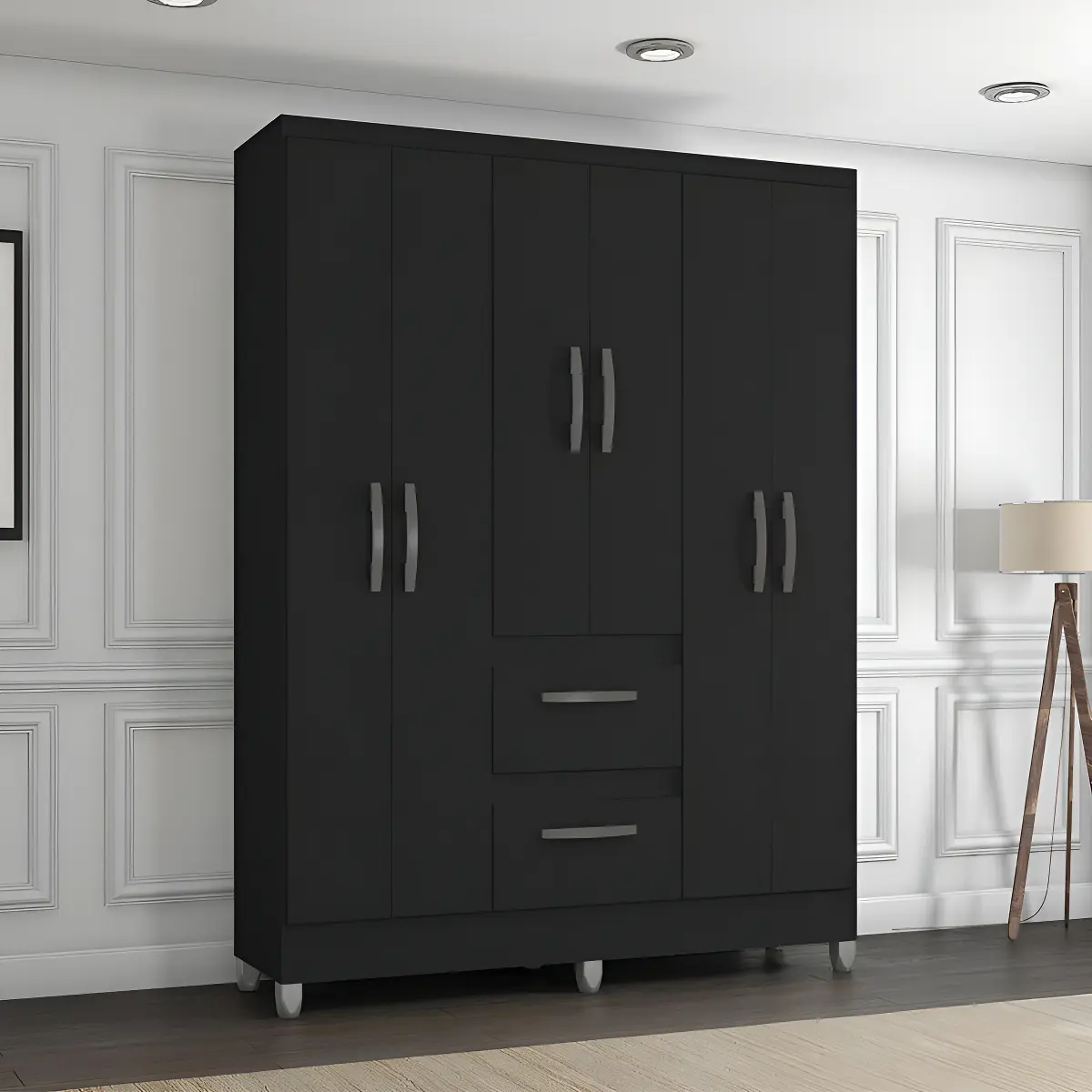 Guarda-Roupa Solteiro 6 Portas 2 Gavetas Capri Poquema Preto — foto 2