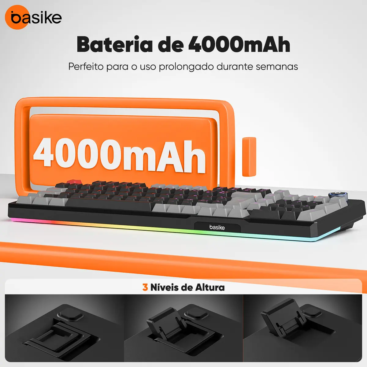 Teclado Mecânico Gamer Basike Sem Fio com Tela, RGB e Conexão Tri-Mode