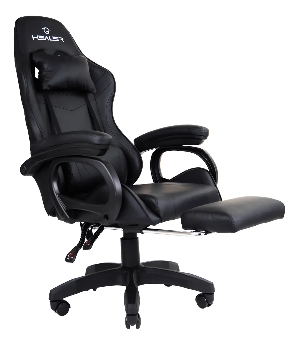 Cadeira Gamer Preto Healer Level Reclinável Com Apoio Pés Couro Sintético