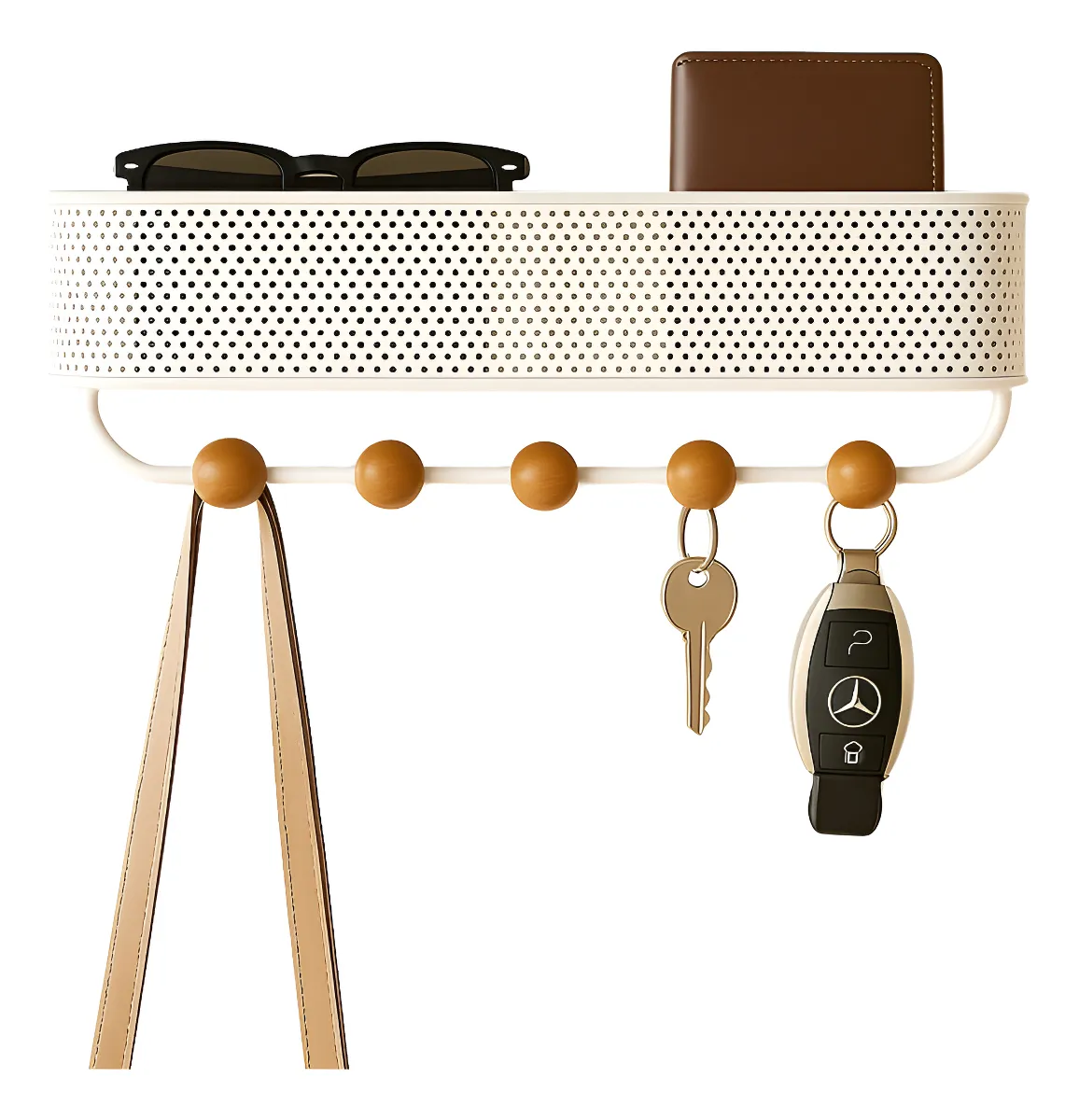 Chaveiro de parede branco com cesto e 5 ganchos
