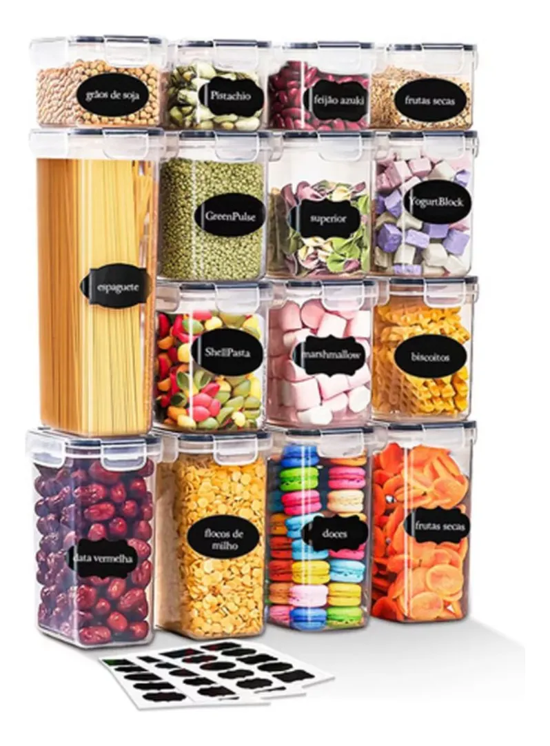 Kit 15 Potes Hermético Cadencia Mantimentos Quadrado Cozinha Branco