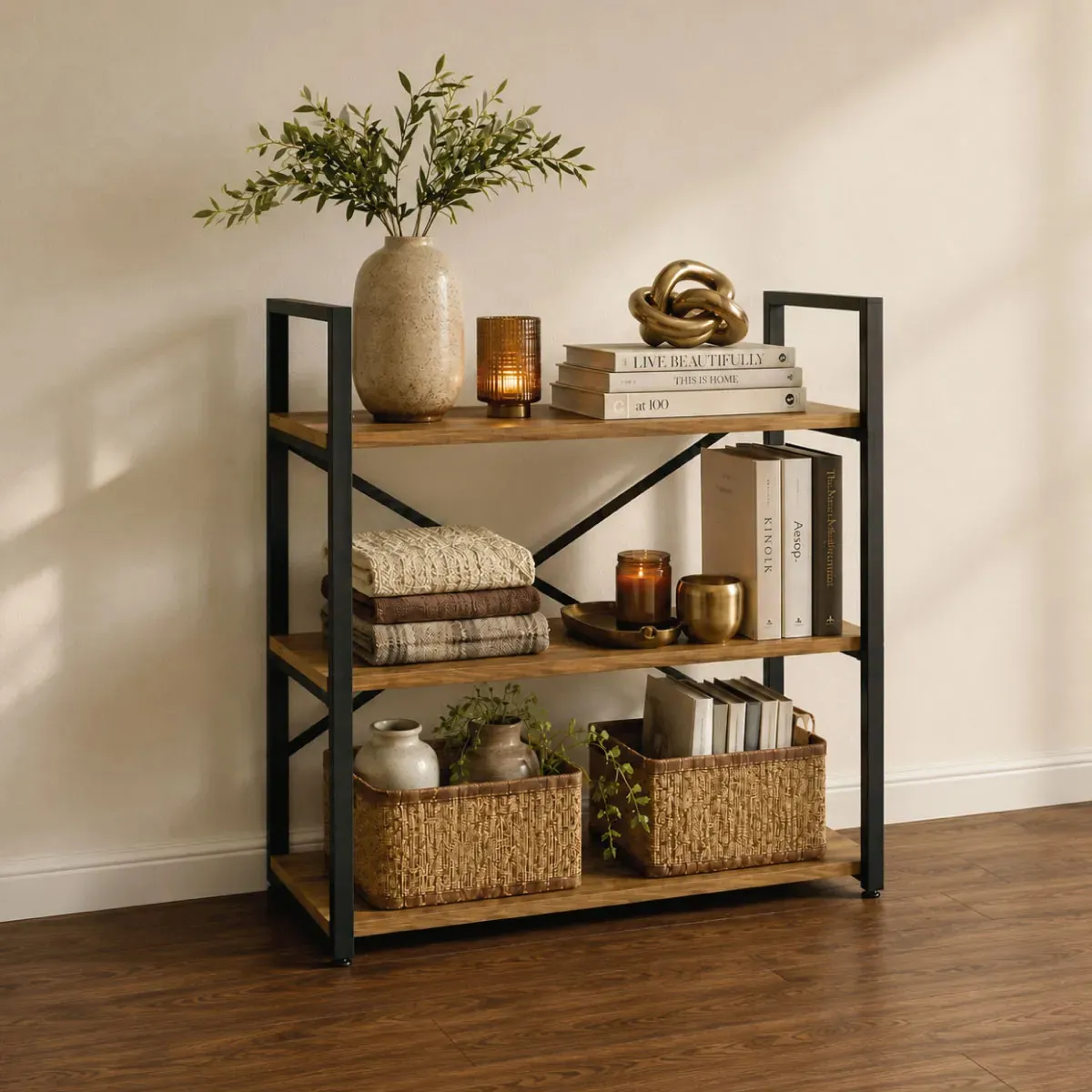 Estante Organizadora De Aço Industrial 03 Prateleiras Madeira Mdf Multiuso Decorativa