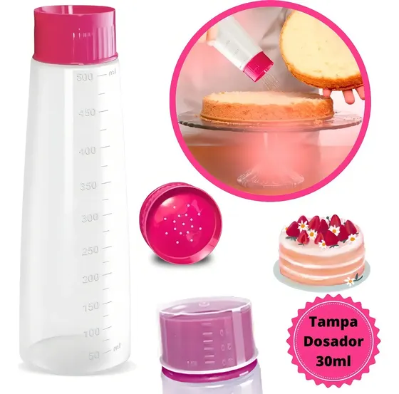 Bisnaga Confeitaria Para Molhar e Umedecer Bolo Graduada 500ml Tampa Chuveirinho Rosa Injetemp