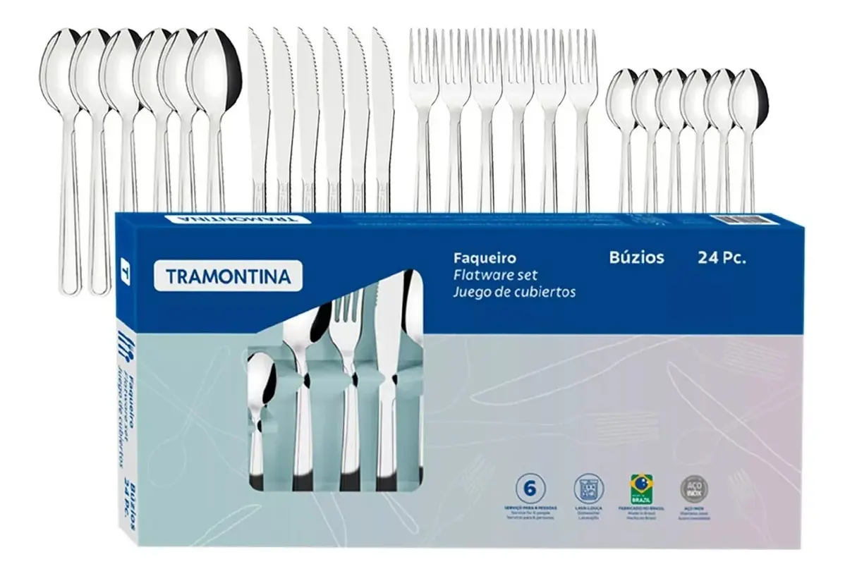 Mesa posta com prato azul, guardanapo, ramo de alecrim e talheres Tramontina Búzios