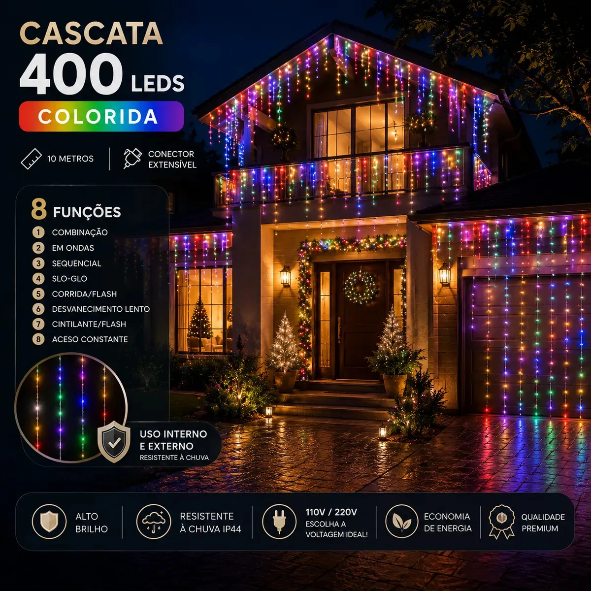 Cascata Natal Com 8 Funções Colorida 400 Leds 10 Metros Extensível Macho Fêmea A Prova D'agua área interna e externa para Casa e Apartamento LARUNO