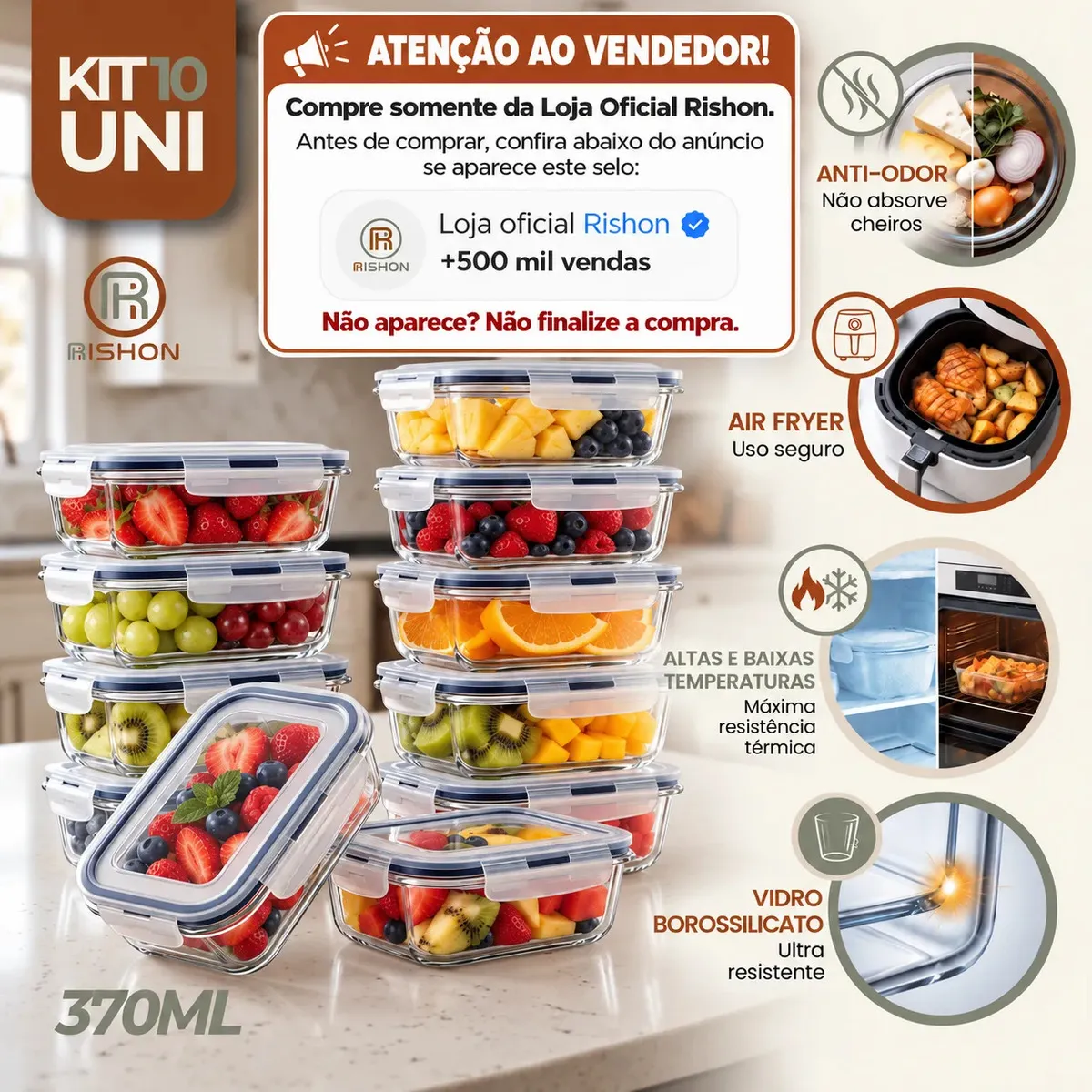 Kit 10 Pote De Vidro Marmita Hermético 370ml Freezer Fitness Rishon