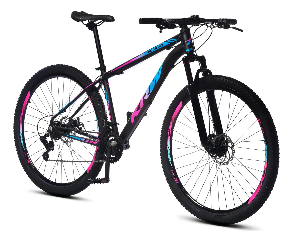 Bicicleta Bike Aro 29 Krw Mountain Bike Câmbio Shimano Tz 21 Velocidades Freio A Disco Amortecedor Suspensão Dianteira sh21 Cor:Preto/Rosa e Azul Tamanho Quadro:15.5