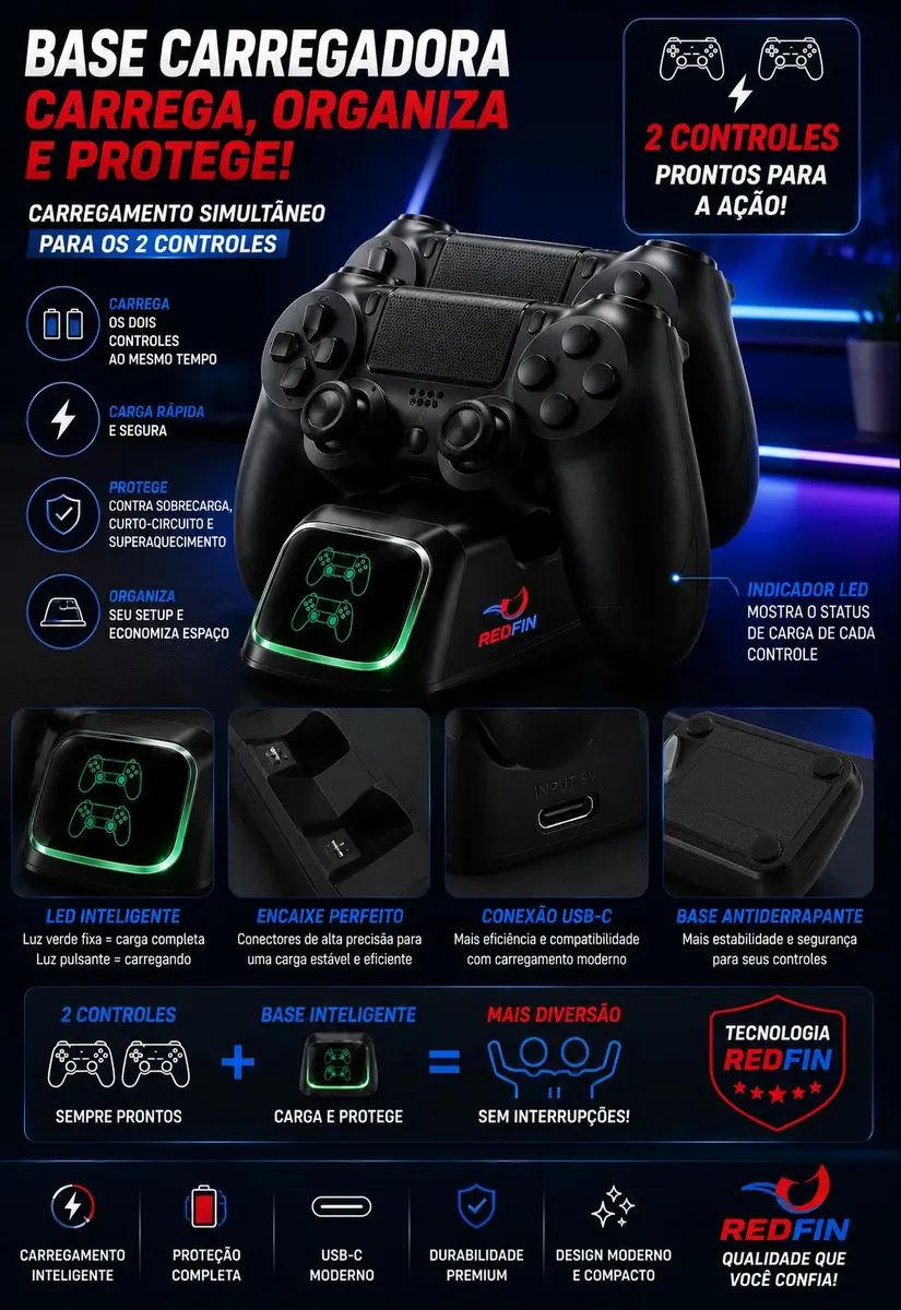 Kit 2 Controles Para Ps4 + Base Carregador Para 2 Controles Compatível Sem Fio – Tv Samsung Pc P4 Ps 4 Bluetooth Manete Gamer Tv Smart Celular Headset P2 Cor Preto Marca Redfin — imagem 5