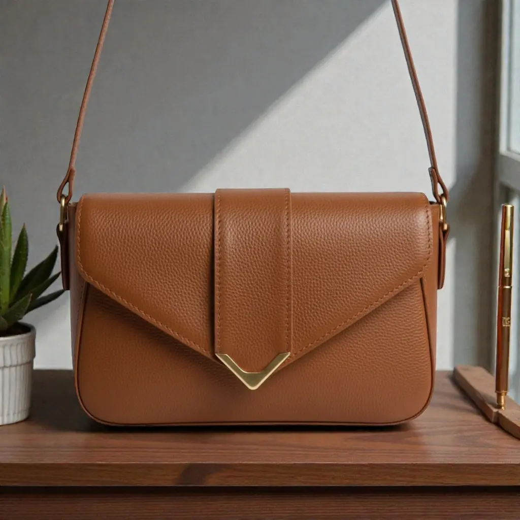 Bolsa feminina baguete de ombro marrom vista de frente, com alça fina, fecho dourado em V e textura de couro sintético, sobre uma mesa de madeira ao lado de uma planta e uma caneta dourada.