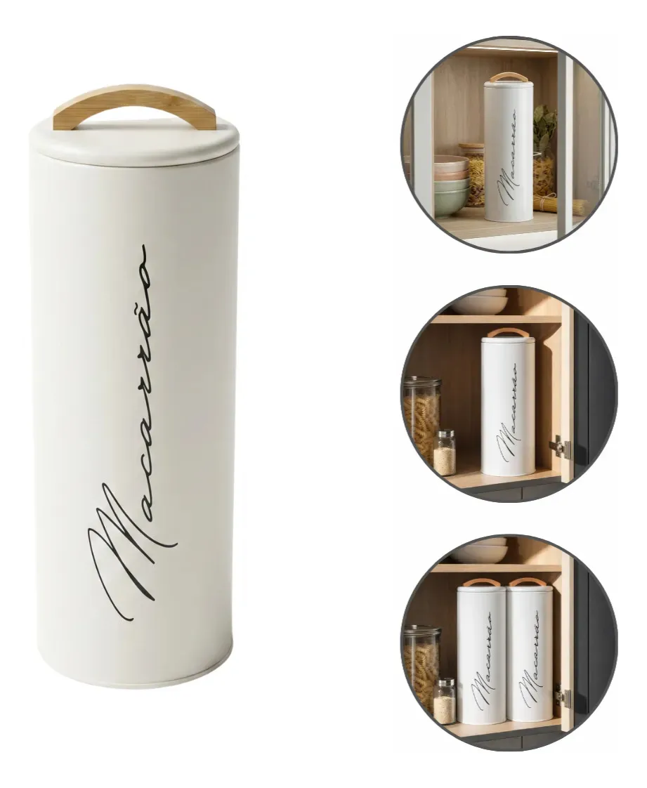 Pote Hermético Mantimentos Lata Alça Em Bambu Macarrão Creme