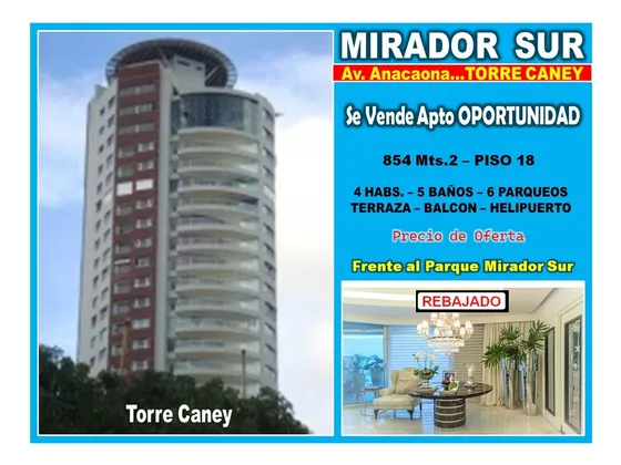 Super Apto De Lujo, Remodelado Y Rebajado En Torre Caney, Mirador Sur, Con 854 Mts.2, Piso 18, Helipuerto