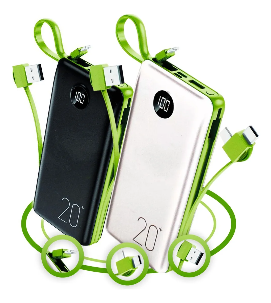 Um power bank de alta capacidade sendo usado para carregar um smartphone em um local público.