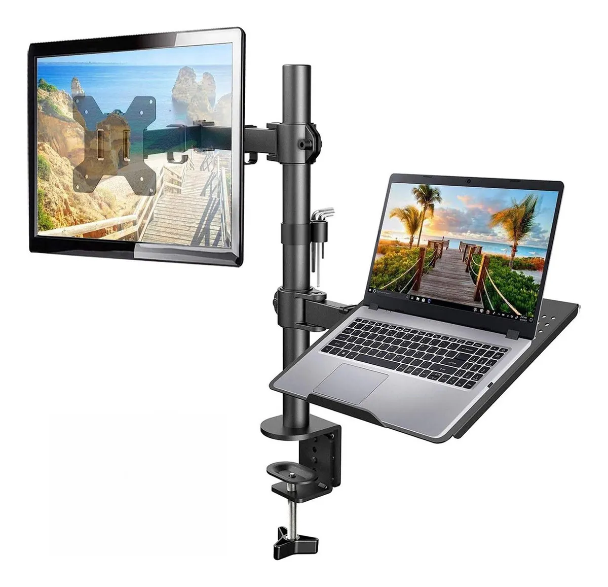 Brazo Ergonomus 345 Soporte Doble Para Mesa 1 PC Portátil y 1 Monitor Color Negro