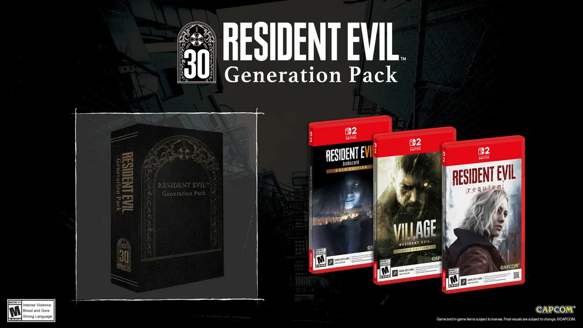 Pacote Resident Evil Generation Switch 2 na embalagem oficial,Jogos Resident Evil sendo jogados no Switch,Capa do jogo Resident Evil com personagens principais