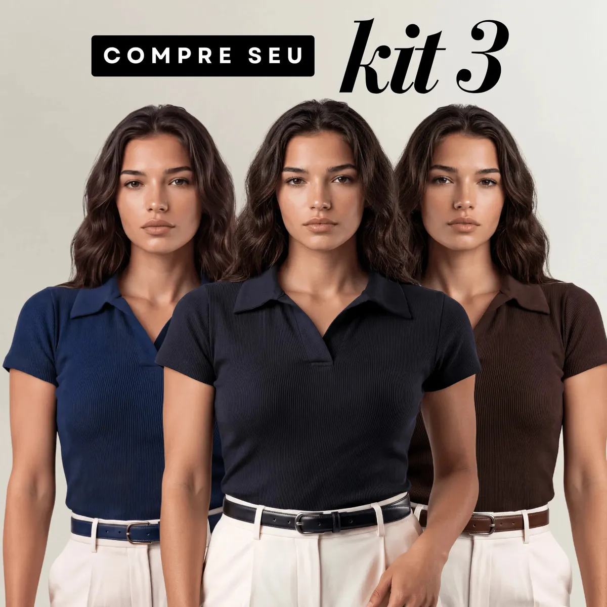 Kit 3 Blusa Feminina Gola Polo Canelada Básica Casual Lisa