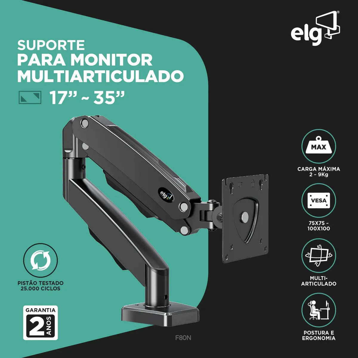 Suporte Articulado Mesa Monitor 17 a 35 Polegadas 9kg ELG Pistão a Gás Giro 360° Altura 14 a 42cm Avanço 54cm VESA 100x100 Preto F80N
