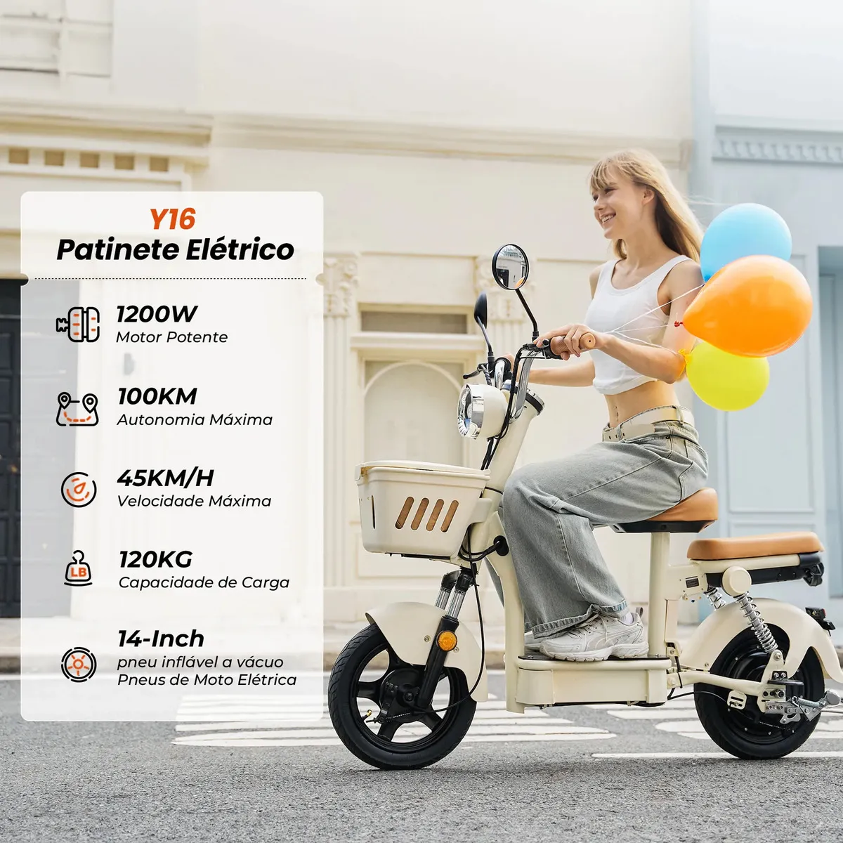 Mulher sorridente pilotando a patinete elétrico Xroymexroy Y16 creme com balões coloridos, destacando especificações como motor de 1200W e autonomia de 100km.
