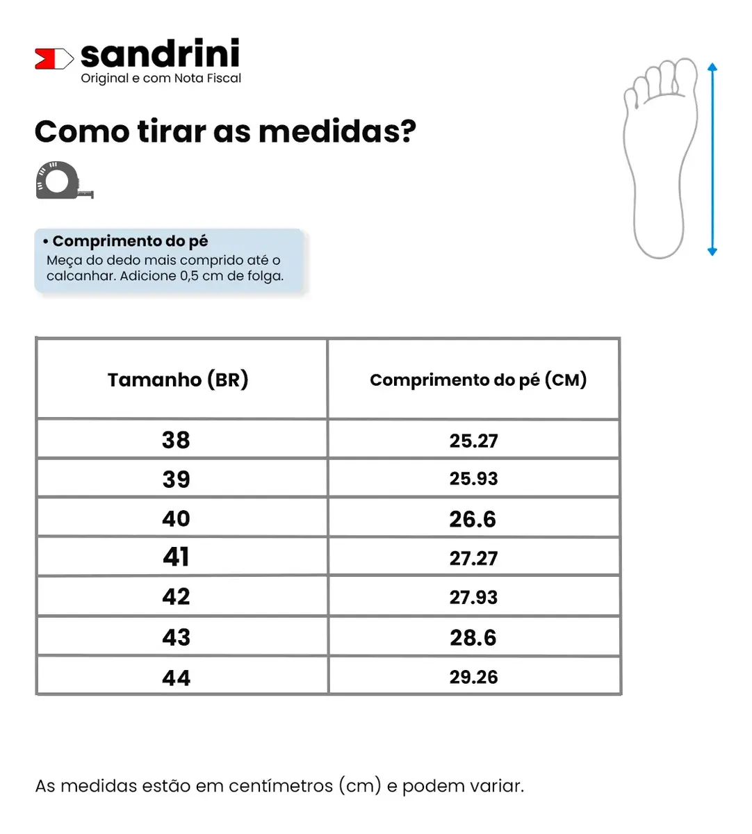 Tabela de medidas da Sandrini mostrando o comprimento do pé em centímetros por tamanho