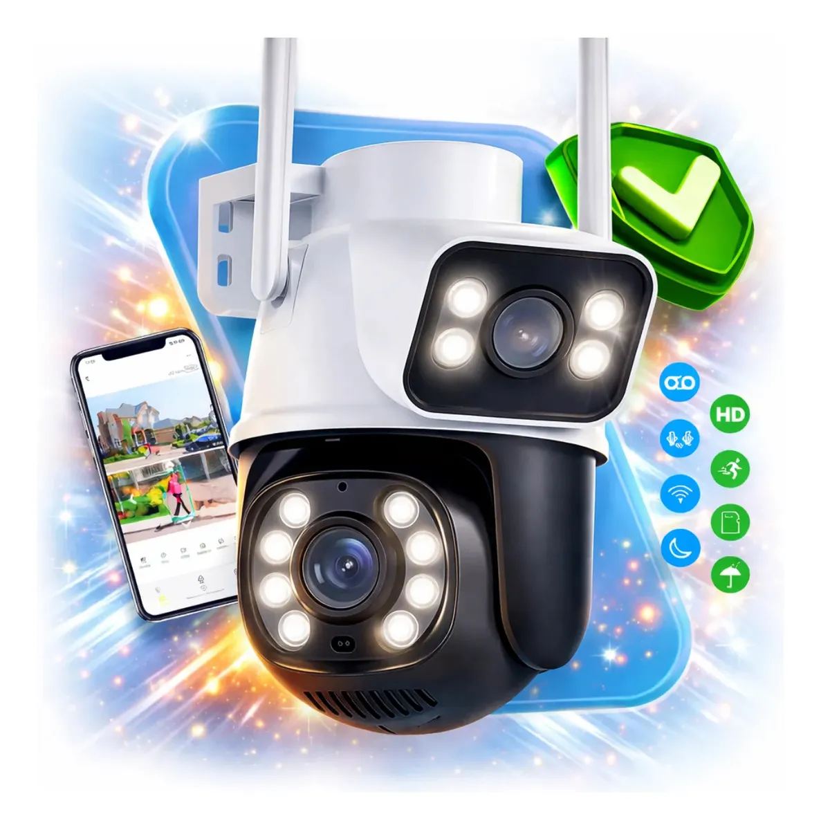 CÂMERA IP WIFI DOME LENTE DUPLA 2 EM 1 - EXTERNA PROVA D'ÁGUA