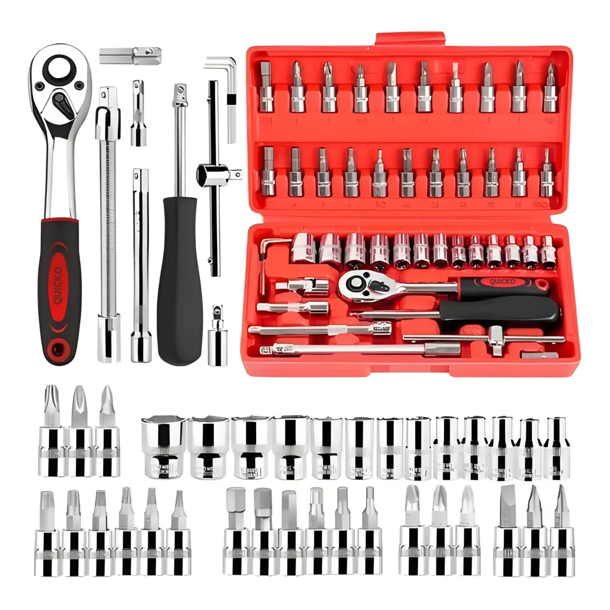 Combo Jogo Kit Ferramentas Profissional 46 Peças Chave Fenda Philips Soquete 1/4 Em Aço Crv Resistente Completo Para Manutenção Carro Moto Casa