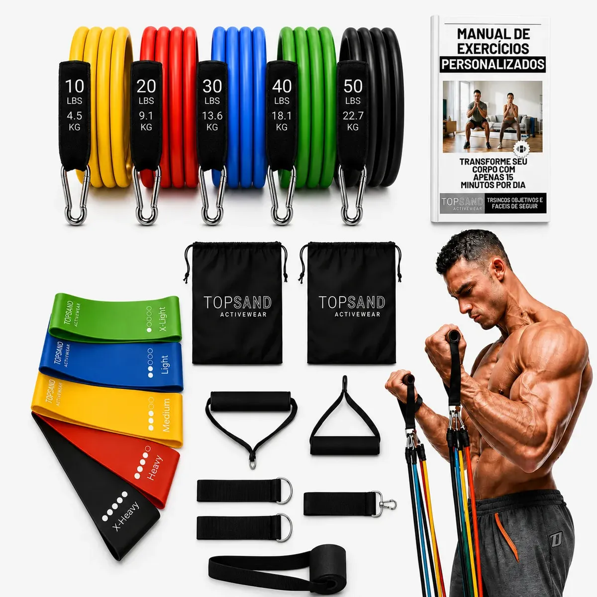 Kit 18 Itens Esportivos Para Treino Em Casa Academia Fitness Funcional Com Elásticos Extensor Puxadores Faixas Elásticas Mini Band P/ Exercícios Ginástica Fisioterapia - Topsand Activewear