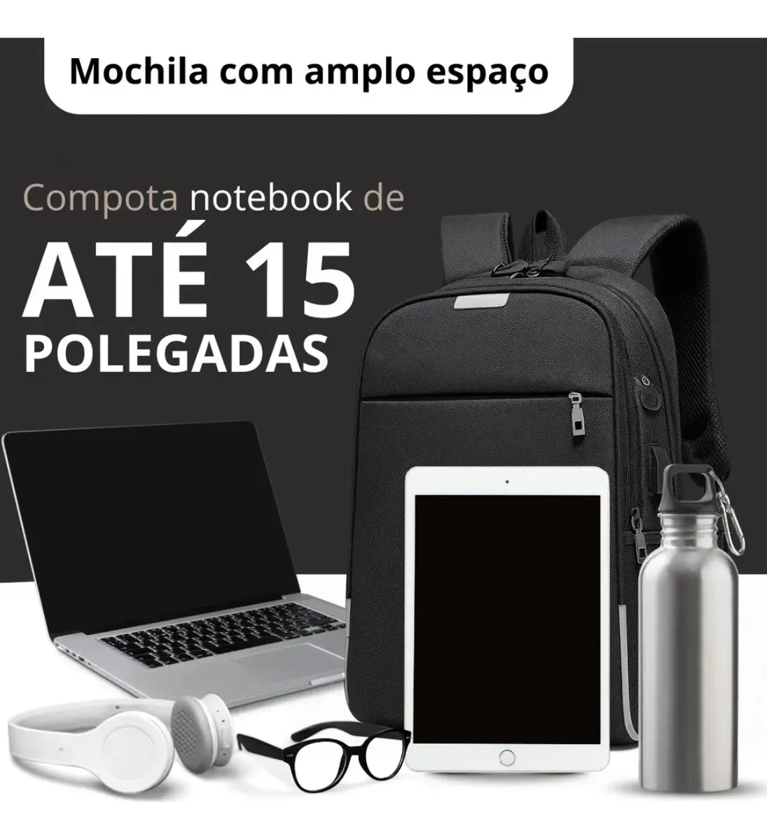 Mochila Polares preta exibida ao lado de um notebook, tablet, fones de ouvido e óculos