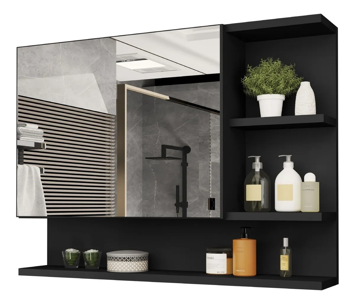 CASA JD MÓVEIS Espelheira Cleopatra armario para banheiro com espelheira de 60cm de largura 45cm de altura e 13cm de profundidade e móveis preto nature