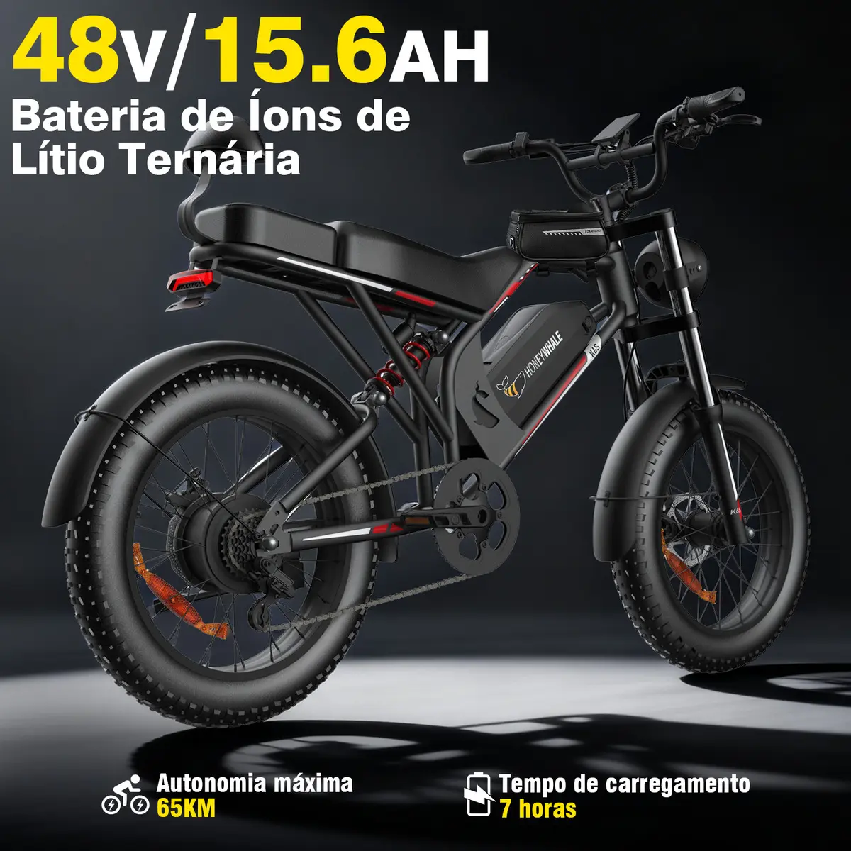 Vista traseira da bicicleta elétrica Honeywhale K6s preta, enfatizando a bateria de lítio 48V/15.6AH, autonomia de 65km no modo elétrico e tempo de carregamento de 7 horas.