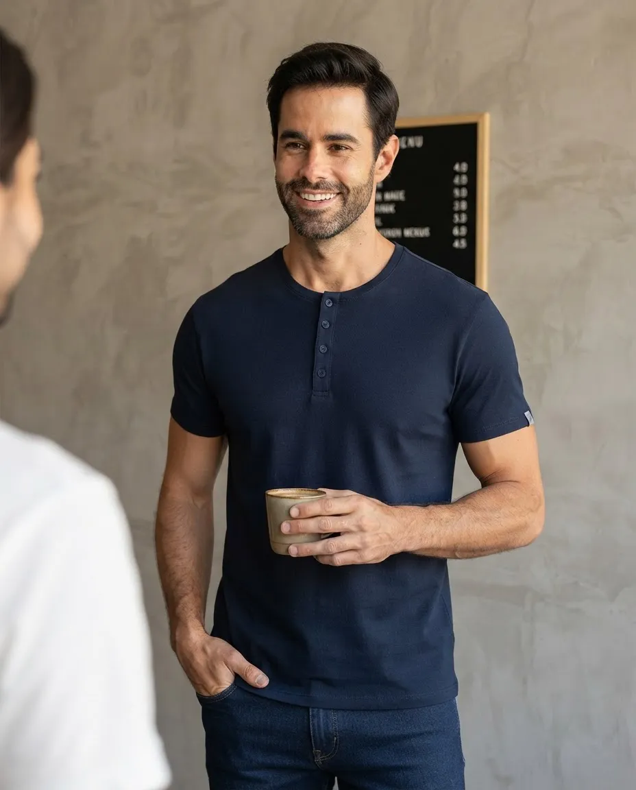 Camiseta Henley Masculina Slim Fit Algodão Manga Curta