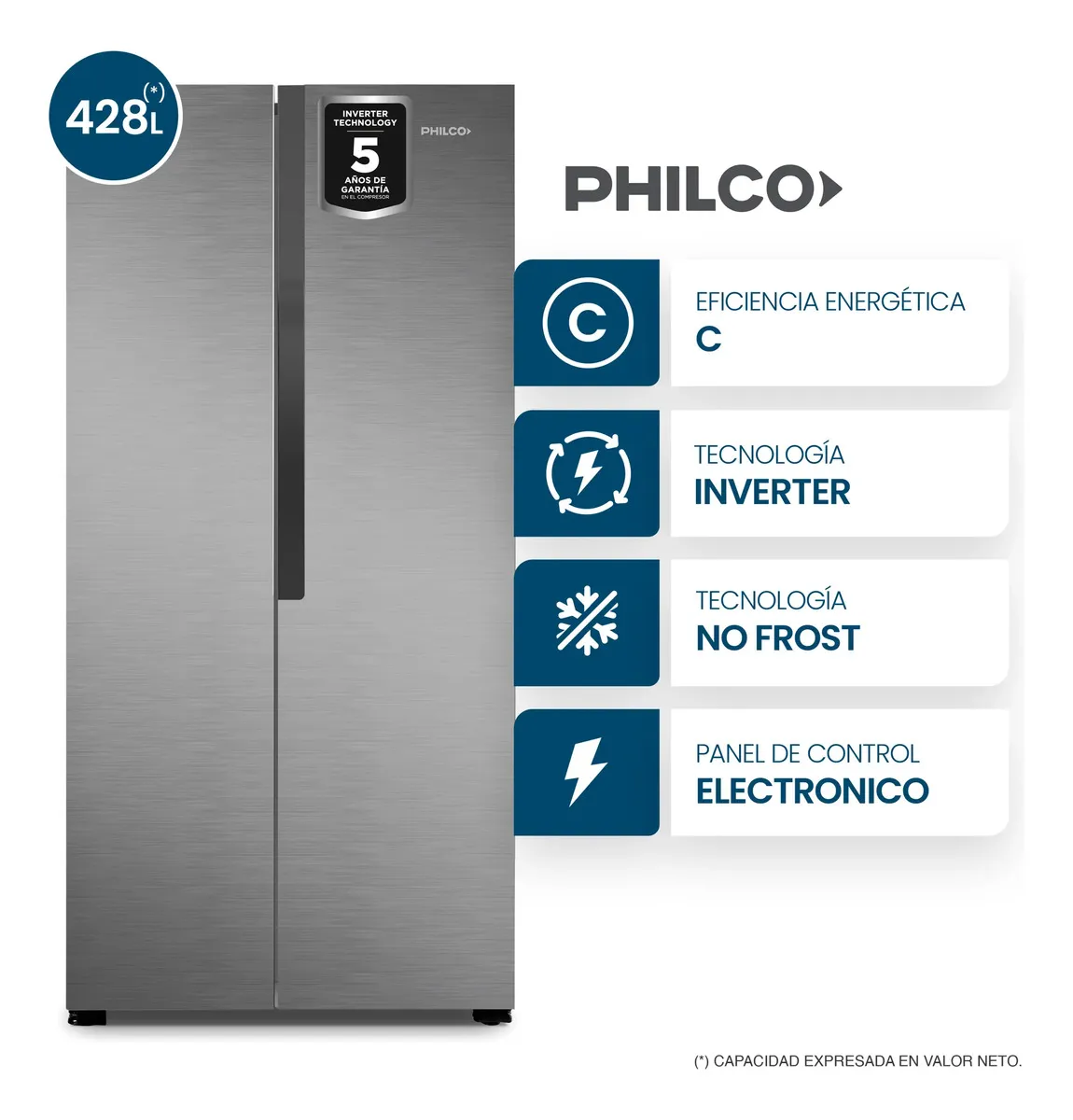 Heladera No Frost Philco Side by Side Inverter NPHSB450XI 428L Inox