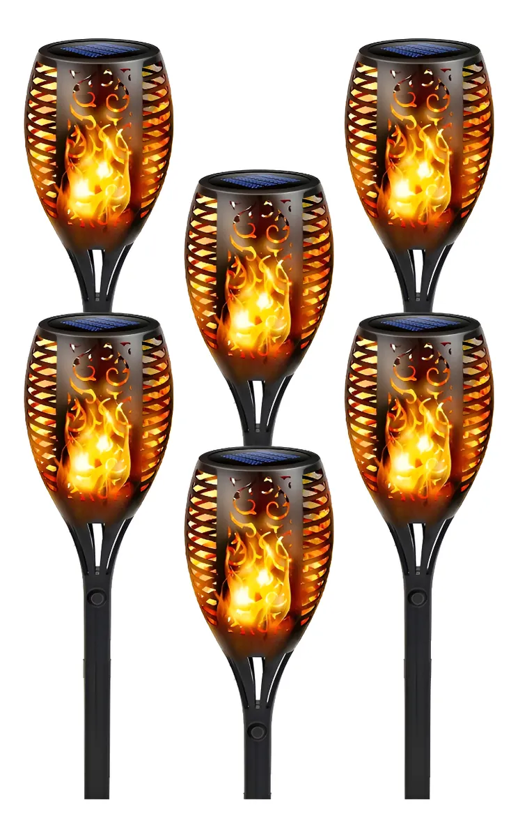 Kit 6 Luminárias Solar Para Jardim Tipo Tocha Efeito Chama 1.2 Preto