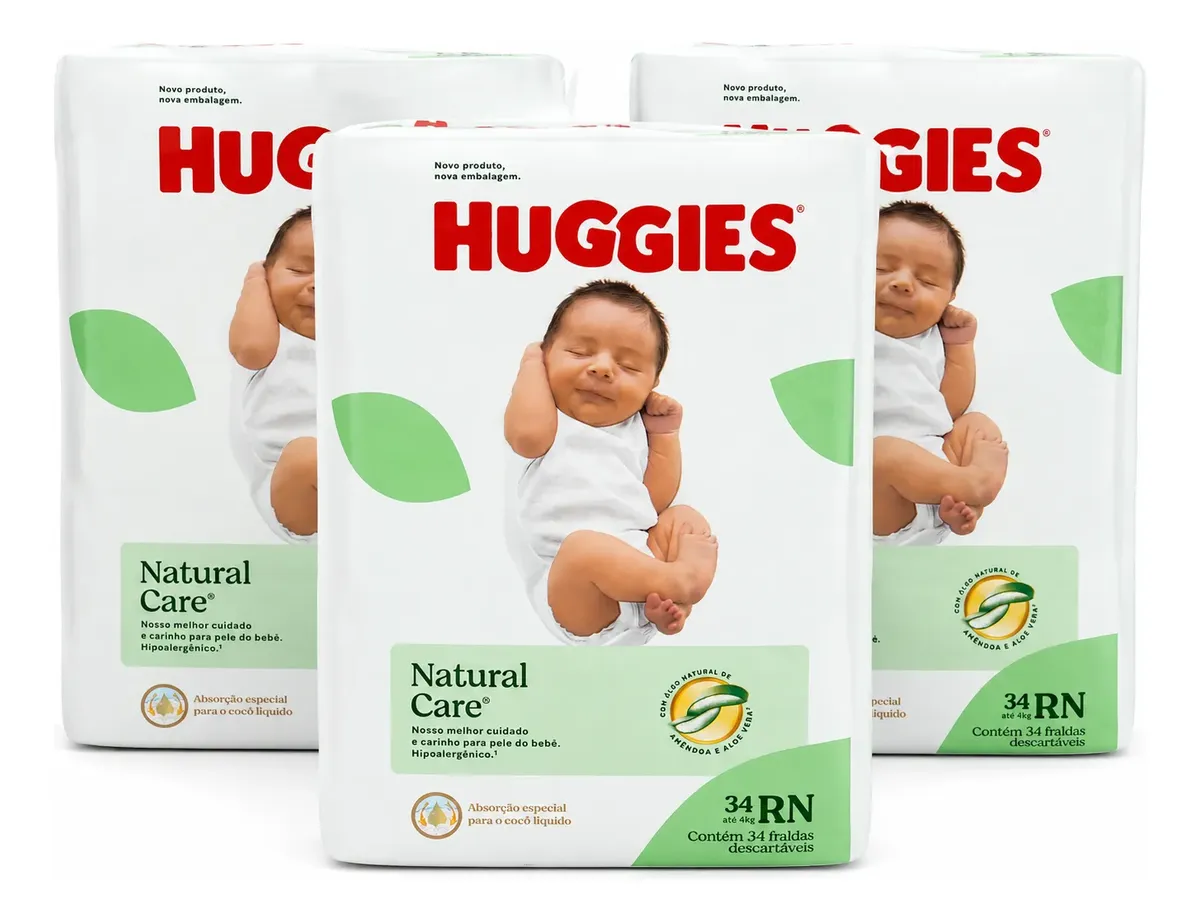 Kit 3 Fraldas Huggies Natural Care Rn 34 Un Original Nf