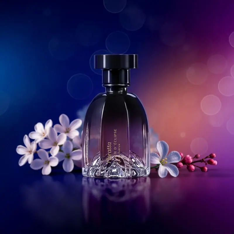 Frasco de perfume Floratta Fleur D'Éclipse posicionado entre flores delicadas sobre superfície reflexiva com fundo de luzes bokeh