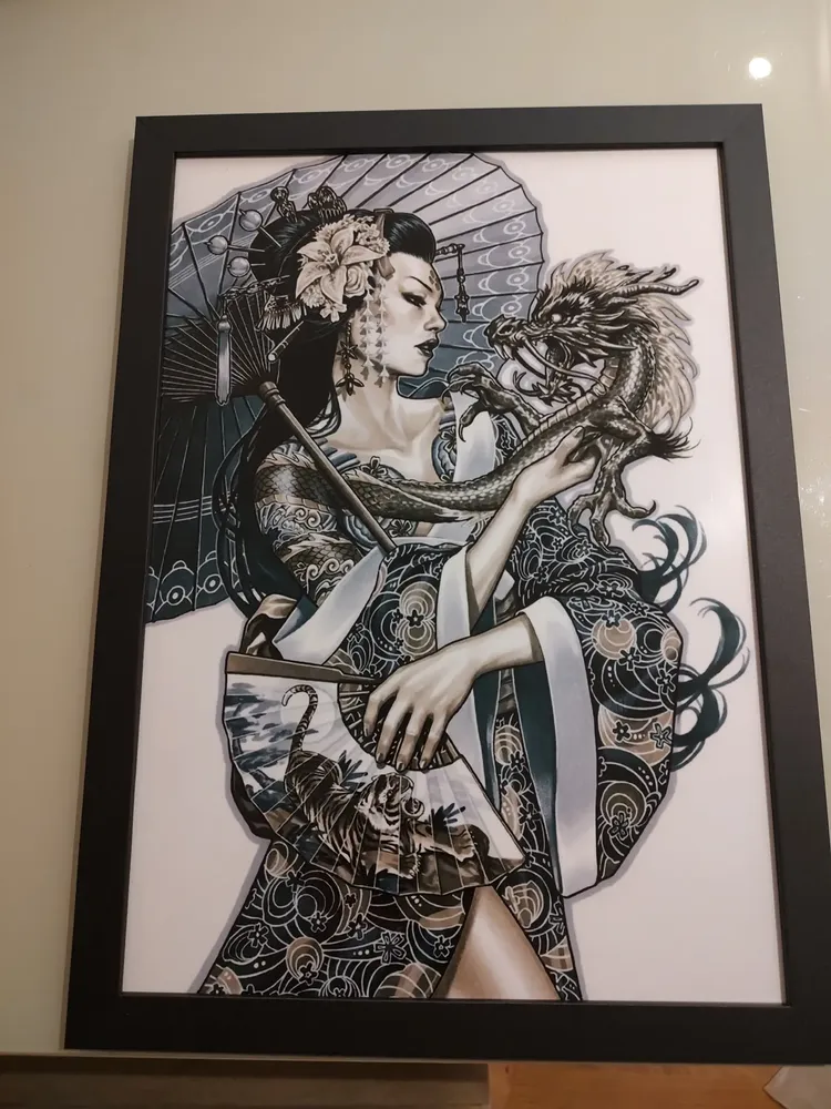 Quadro Gueisha Gueixa Arte Dragão Oriental Poster Moldurado