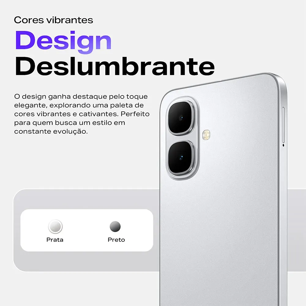 Imagem do design do Infinix Smart 10 mostrando as opções de cores prata e preta