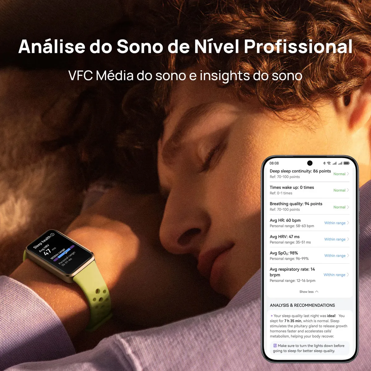 Usuário dormindo utilizando o Huawei Band 10 com interface de análise de sono exibida em smartphone
