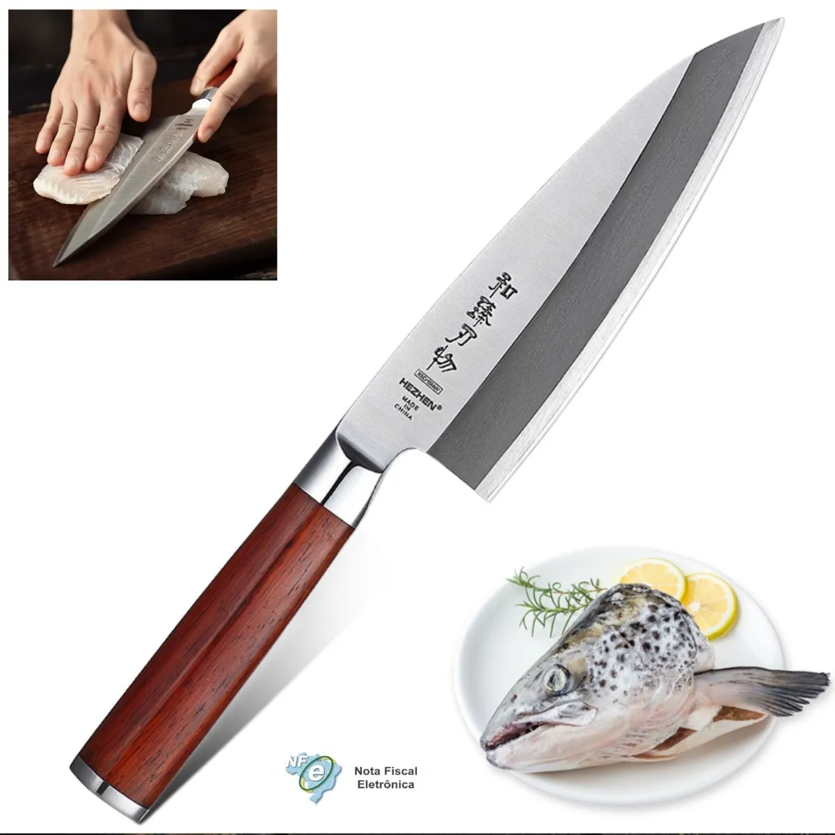 Imagem 1 de 6 de Faca Profissional Sushi Sashimi Lamina 20 Cm Aço Inox- C/nfe