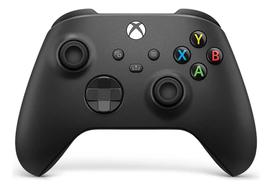 Vista frontal do controle Xbox Carbon Black destacando os botões coloridos e o direcional