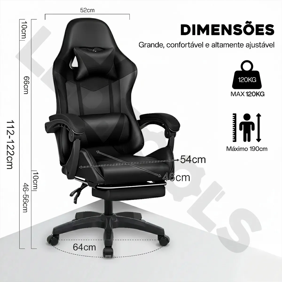 Cadeira Gamer Ergonômica Preta Reclinável Com Apoio Dos Pés Led Tools Couro Sintético Preto
