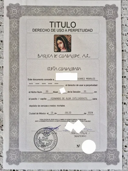 Titulo Derecho De Uso A Perpetuidad Basilica De Guadalupe 