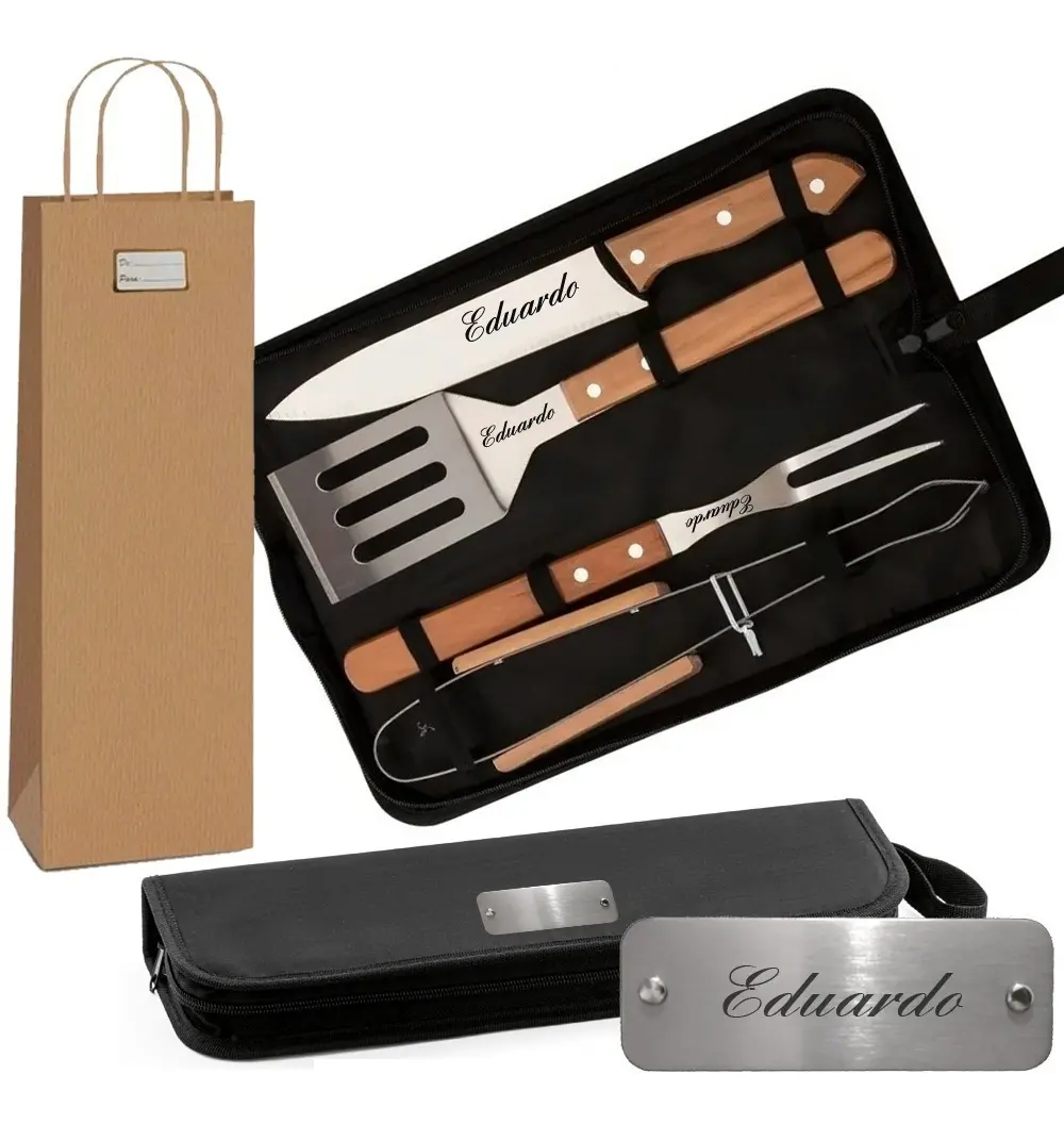Kit Churrasco 4 Pçs Personalizado Estojo Faca Garfo Espatula