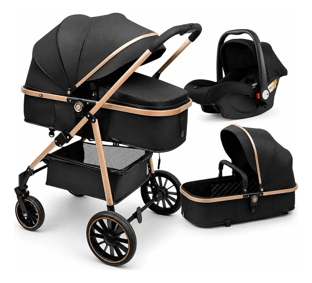 Carrinho Bebê Passeio 3 Em 1 Moisés Bebê Conforto Preto Preto Dourado