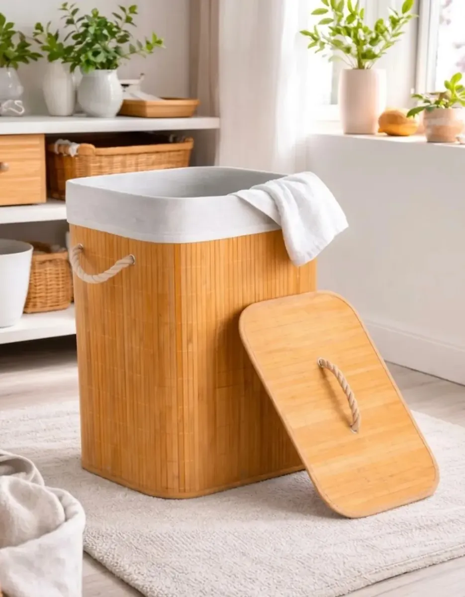 Cesto De Roupa Suja Bambu Dobrável Com Tampa Alças 72 Litros