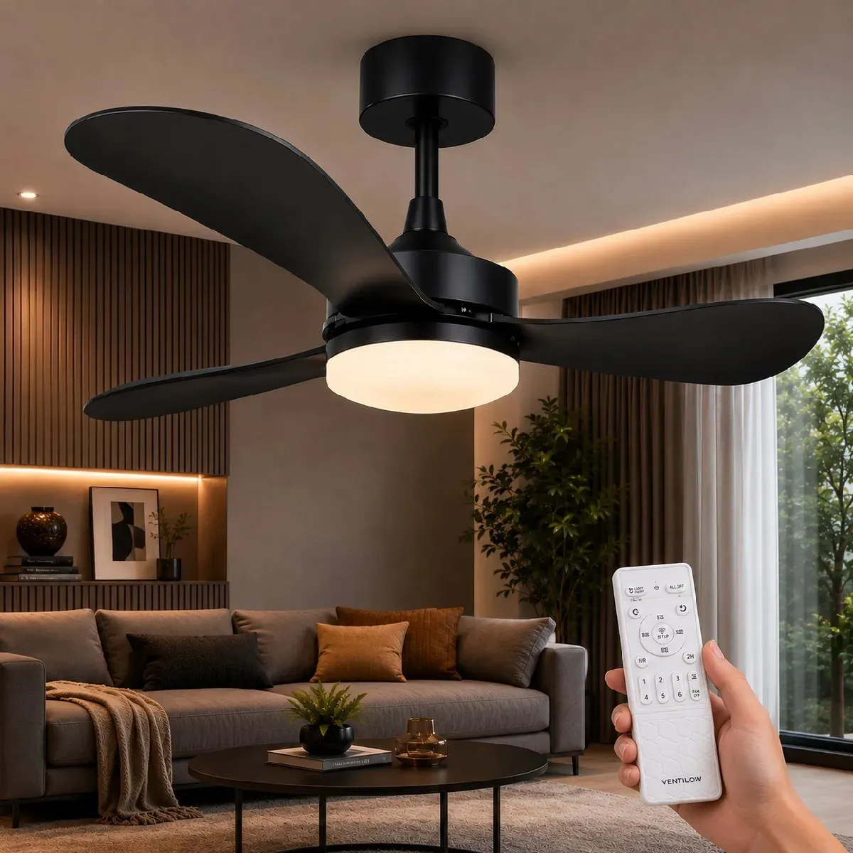 Ventilador de Teto Ventilow Neon Preto, 85 cm, com LED Dimerizável e Controle Remoto, para Quarto e Sala